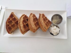Vegan Belgian Waffles With Cashew Ice Cream and Maple Syrup at Meraki Juice Kitchen  in West Palm Beach