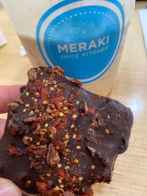 Billionaire Bar & creamy iced coffee at Meraki Juice Kitchen  in West Palm Beach