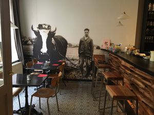 The wooden counter. at De Plaats in Bruges