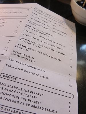 part of menu at De Plaats in Bruges