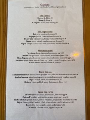 Galettes menu  at Creperia La Bombarde in Porto
