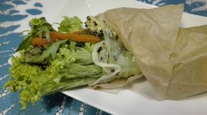 Vegan wrap with rice paper, black quinoa, tofu, pepper, pickles and basil sauce. at Go Healthy in Krakow