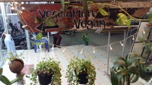 Decoration and signs at Govinda's Restaurant in Krabi