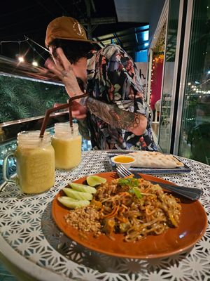 Mango Shake with coconut milk,vegan Pad Thai, vegan Empanada at Govinda's Restaurant in Krabi