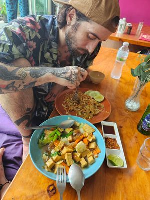 Vegan Pad Thai and Vegetables with tofu and rice noodles at Govinda's Restaurant in Krabi