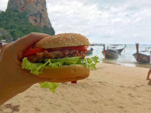 Great vegan burger, great view at Govinda's Restaurant in Krabi