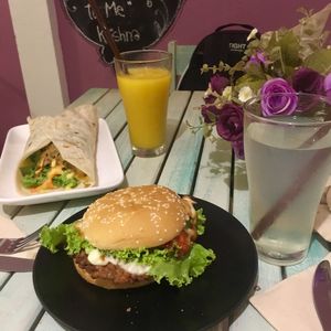 Falafel wrap and soy burger. at Govinda's Restaurant in Krabi