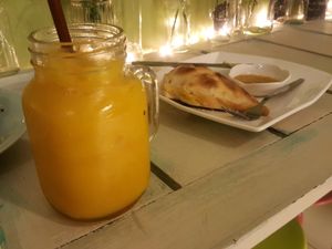empanada + mango shake at Govinda's Restaurant in Krabi