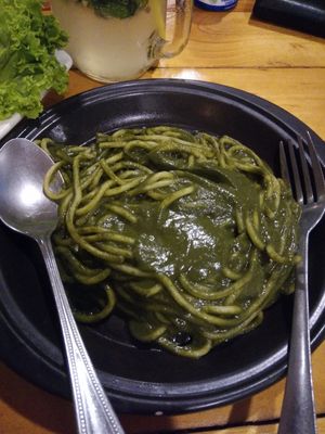 Spaghetti with spinach at Govinda's Restaurant in Krabi
