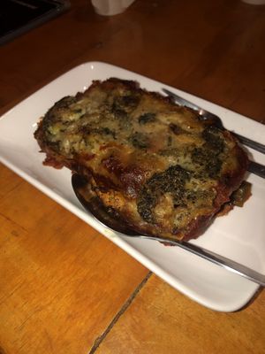 Vegan lasagna with vegan cheese, broccoli and eggplant  at Govinda's Restaurant in Krabi