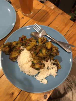 Aloo ghobi with rice at Govinda's Restaurant in Krabi