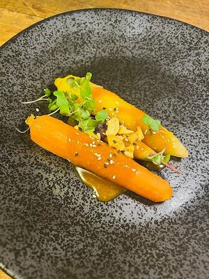 6-Course Vegan Thanksgiving Dinner: Miso Roasted Carrots w/ sesame & cashews.
 at Cafe YOU in Cape Coral