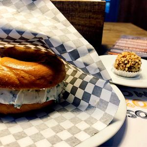 Bagel with tofu cream and vegan truffle at Santo Bagel in Lisbon