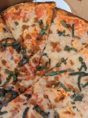 Beyond sausage vegan cheese pizza! at Peekaboo Canyon Wood Fired Kitchen in Kanab