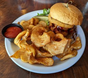 BBQ Outlaw Burger with Sidewinder Fries at Peekaboo Canyon Wood Fired Kitchen in Kanab