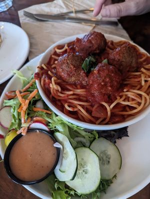Spaghetti marinara with impossible meatballs at Peekaboo Canyon Wood Fired Kitchen in Kanab