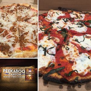 Vegan sausage pizza and GF Vegan Margherita pizza at Peekaboo Canyon Wood Fired Kitchen in Kanab
