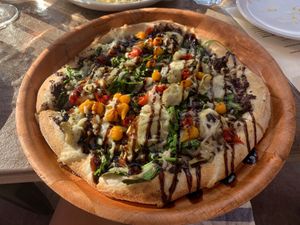 Angels landing vegan pizza!! This was absolutely amazing!! at Peekaboo Canyon Wood Fired Kitchen in Kanab