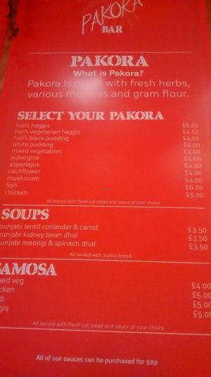 Pakora menu at The  Pakora Bar in Edinburgh