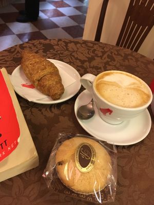 jam croissant, chocolate chip muffin & soy cappuccino  at Pasticceria Ponte delle Paste in Venice