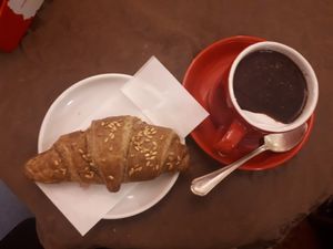 The vegan brioche/cornetto and the soy hot chocolate at Pasticceria Ponte delle Paste in Venice