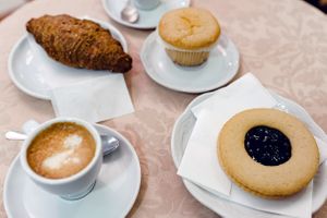 Vegan pastries and croissant, cappuccino with soy milk at Pasticceria Ponte delle Paste in Venice