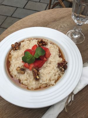 milky rice porridge with almond/coconut milk, caramel walnuts and maple syrup at Mondieu - Laurinska in Bratislava