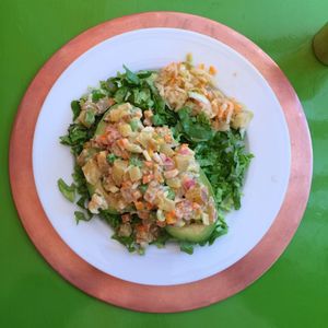 Main course of the day - avocado salad with veggies at Salud De Luz in Cusco
