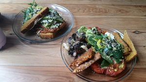 P&p plate and the tempeh burger at Pickled & Pressed in The Junction