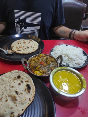 Aloo Gobi, yellow daal, plain rice, plain roti at Ashok Pure Vegetarian Restaurant in Varanasi