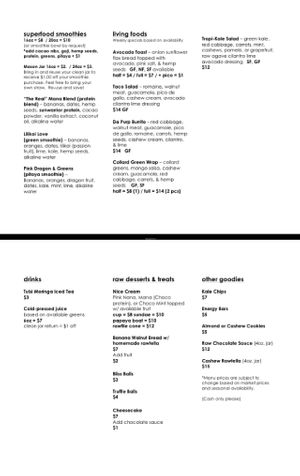 Da Menu at HI Raw Organics - Pop-up in Honolulu