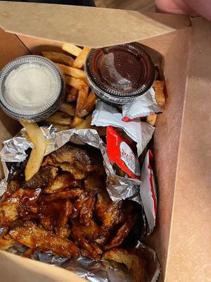 Takeout vegan wings + fries at Black & Blue in Easton