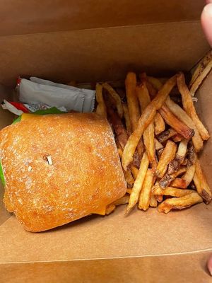 Takeout vegan chicken sandwich  at Black & Blue in Easton