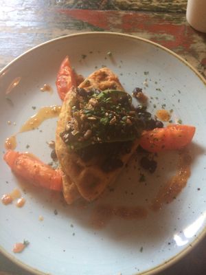 Sweet potato waffles brunch (vegan and gf) at Zinco Lounge in Swansea