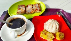 organic ganoderma coffee, siu mai, oat bun and homemade taro cake at Vegether in New Territories