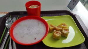 Breakfast: siu mai, congee and lemon water at Vegether in New Territories