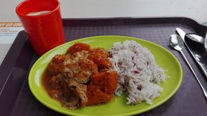 Tofu skin in tomato sauce, pumpkin and five grains rice. at Vegether in New Territories