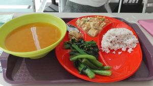 Pumpkin soup, tofu in bean sauce, Chinese cabbage, five grains rice. at Vegether in New Territories