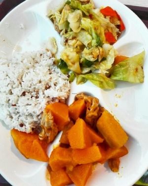 Pumpkin, bean curd, cabbage and rice at Vegether in New Territories