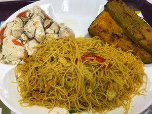 singaporean noodles, steamed tofu and baked pumpkin  at Vegether in New Territories