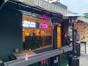 Outdoor patio dining at Gokoku Vegetarian Ramen Shop in Studio City