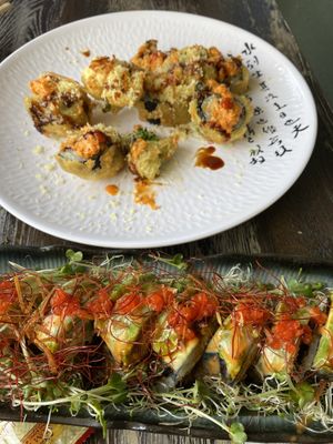 Volcano and caterpillar rolls at Gokoku Vegetarian Ramen Shop in Studio City