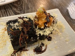 Crunchy spicy tuna roll- Vegan spicy tuna, cucumber, crunchy and vegan eel sauce on the top  at Gokoku Vegetarian Ramen Shop in Studio City