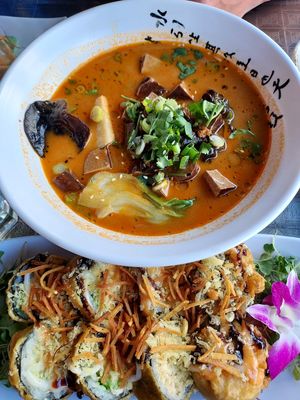 Hard tofu Ramen and tempura California Roll at Gokoku Vegetarian Ramen Shop in Studio City