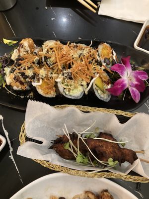 Spider roll and not chicken skewers  at Gokoku Vegetarian Ramen Shop in Studio City