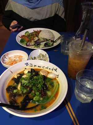 mushroom ramen and tofu plate with Thai tea boba  at Gokoku Vegetarian Ramen Shop in Studio City