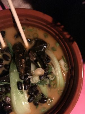 The spicy ramen option with woodear shrooms, bok choy, black beans and green onions at Gokoku Vegetarian Ramen Shop in Studio City