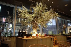 Tree decor next to the buffet table at Cosme Kitchen Adaptation - Atre West in Tokyo