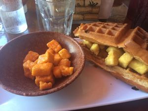 buffalo tofu chips and breakfast tofu waffle sandwich! at Magnolia's in Jacksonville