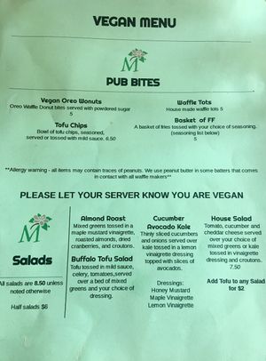 Vegan Menu - Front at Magnolia's in Jacksonville